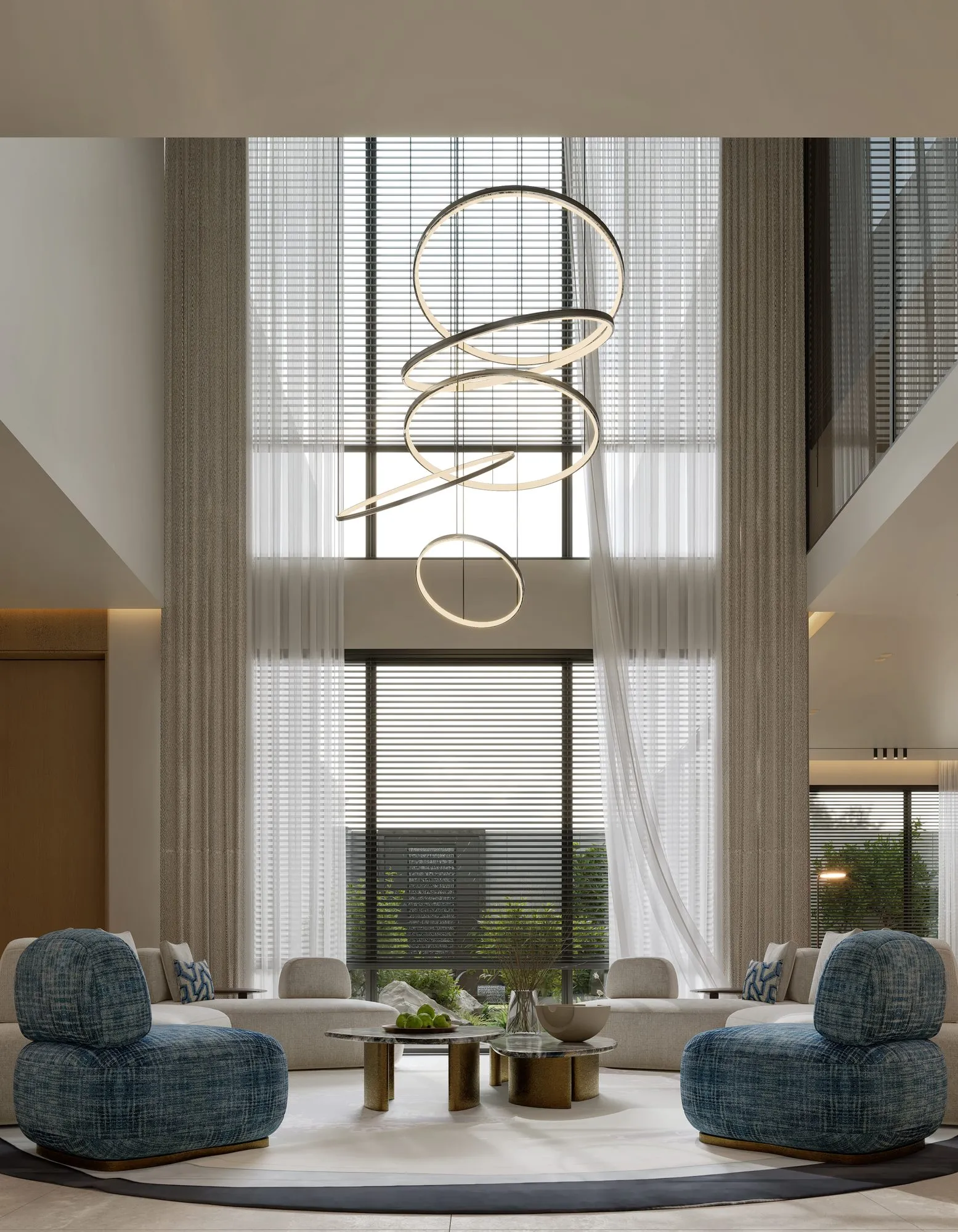 Double-height living room with a sculptural ring chandelier
